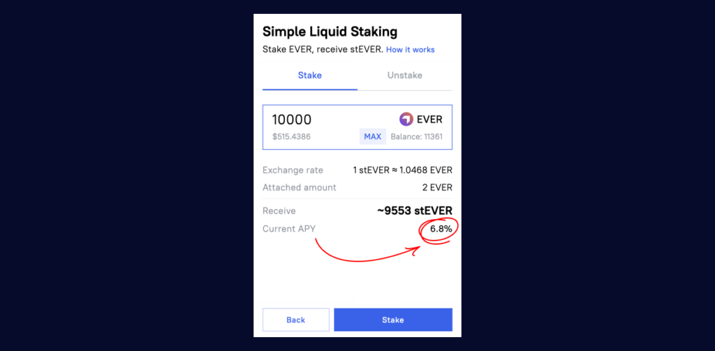 Liquid staking option in EVER Wallet.