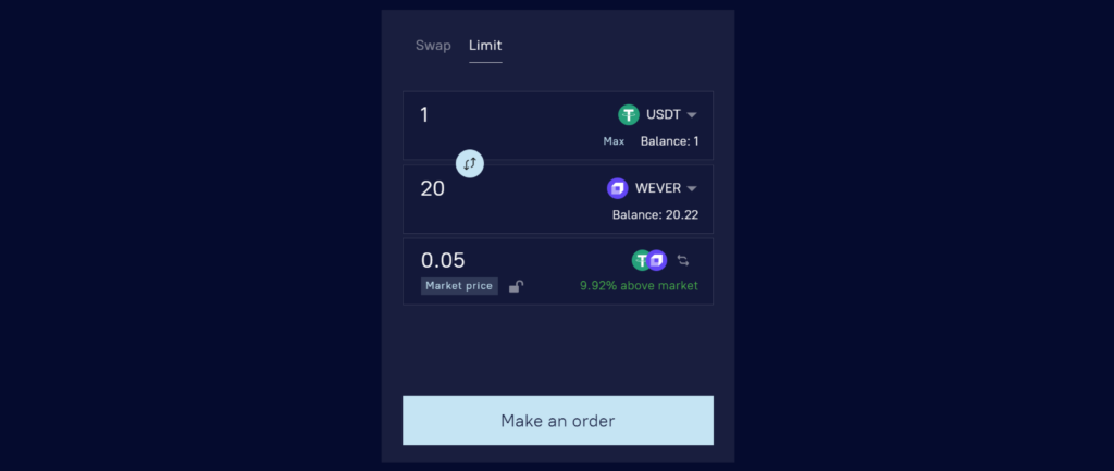 A limit order tab in the token swap window on FlatQube DEX.